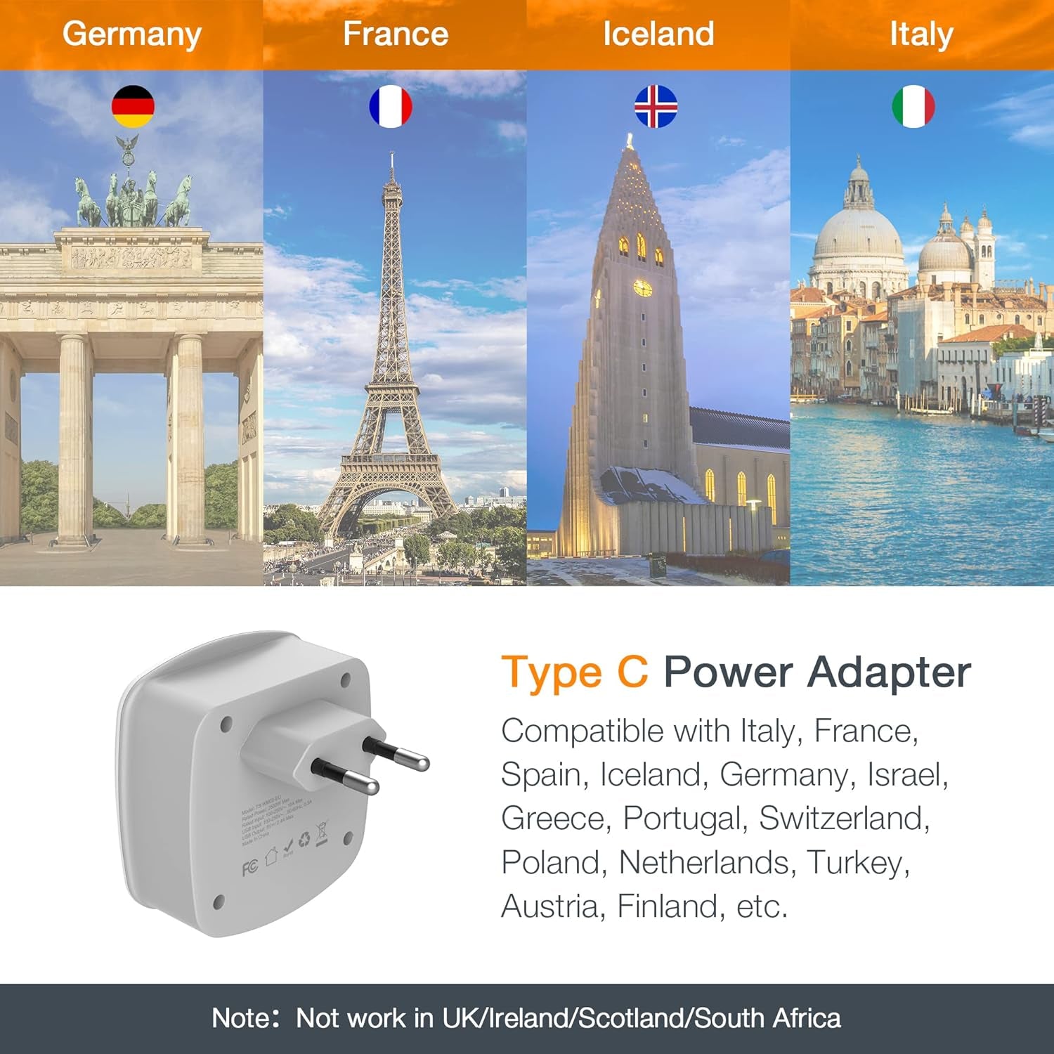 European Travel Plug Adapter Converter,  International Power Plug Converter with 2 USB, Type C Outlet Adaptor Charger for US to Most of Europe EU Iceland Spain Italy France Germany