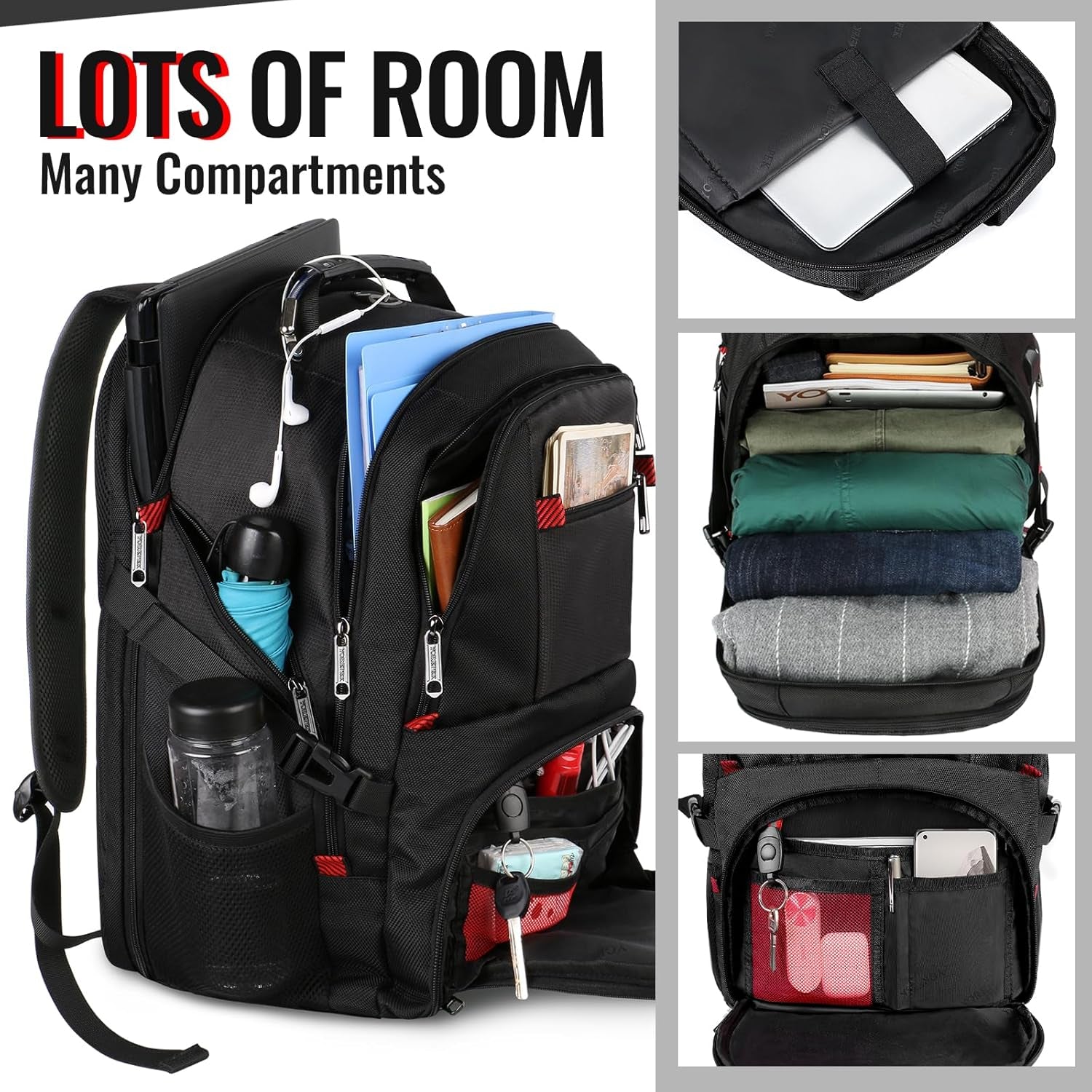 Large Backpack for Men, Extra Large Laptop Backpacks for Men Women, Water Resistant Travel Backpack Airline Approved Business Work Bag with USB Charging Port Fits 17 Inch Computer, Black