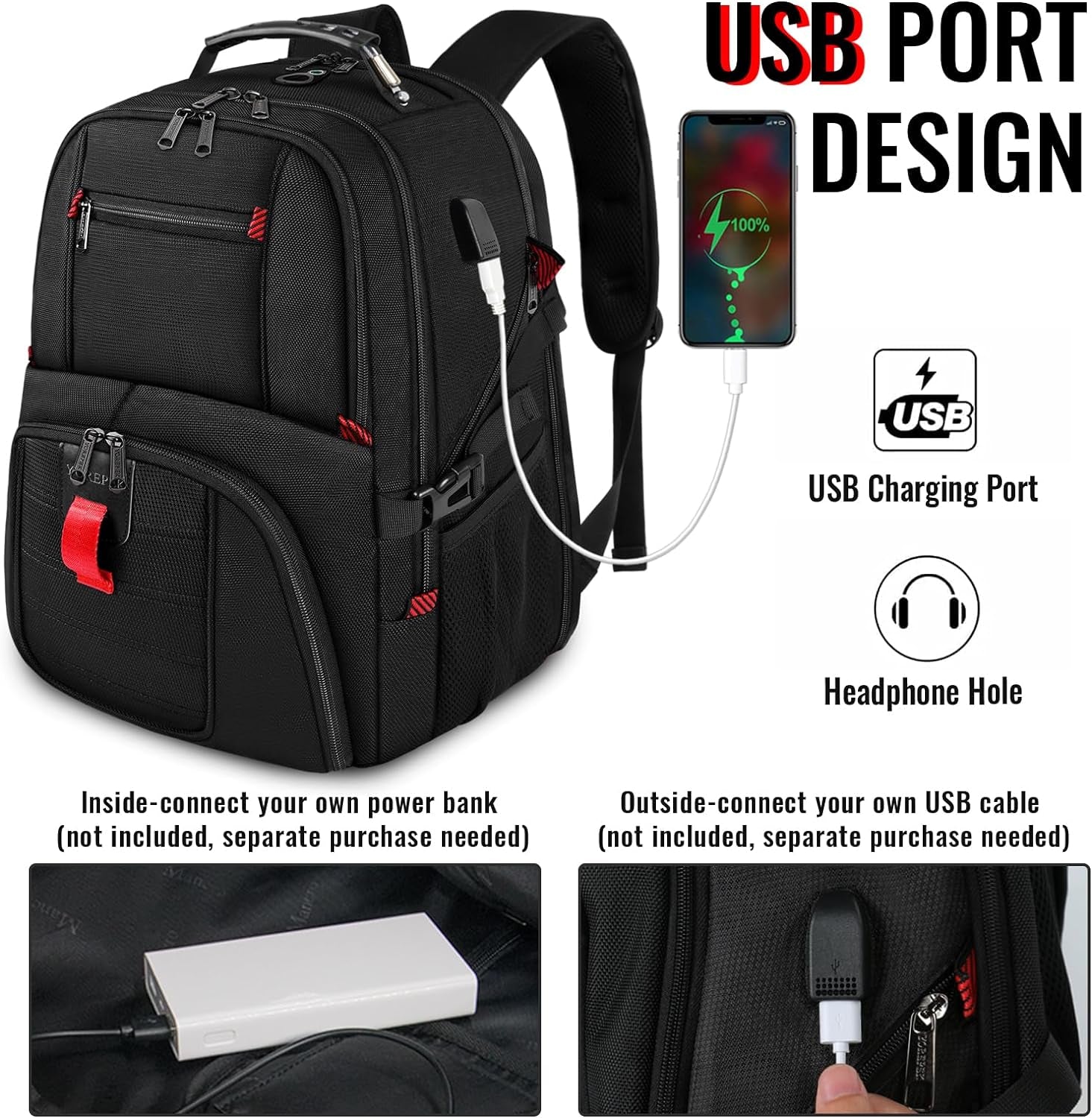 Large Backpack for Men, Extra Large Laptop Backpacks for Men Women, Water Resistant Travel Backpack Airline Approved Business Work Bag with USB Charging Port Fits 17 Inch Computer, Black