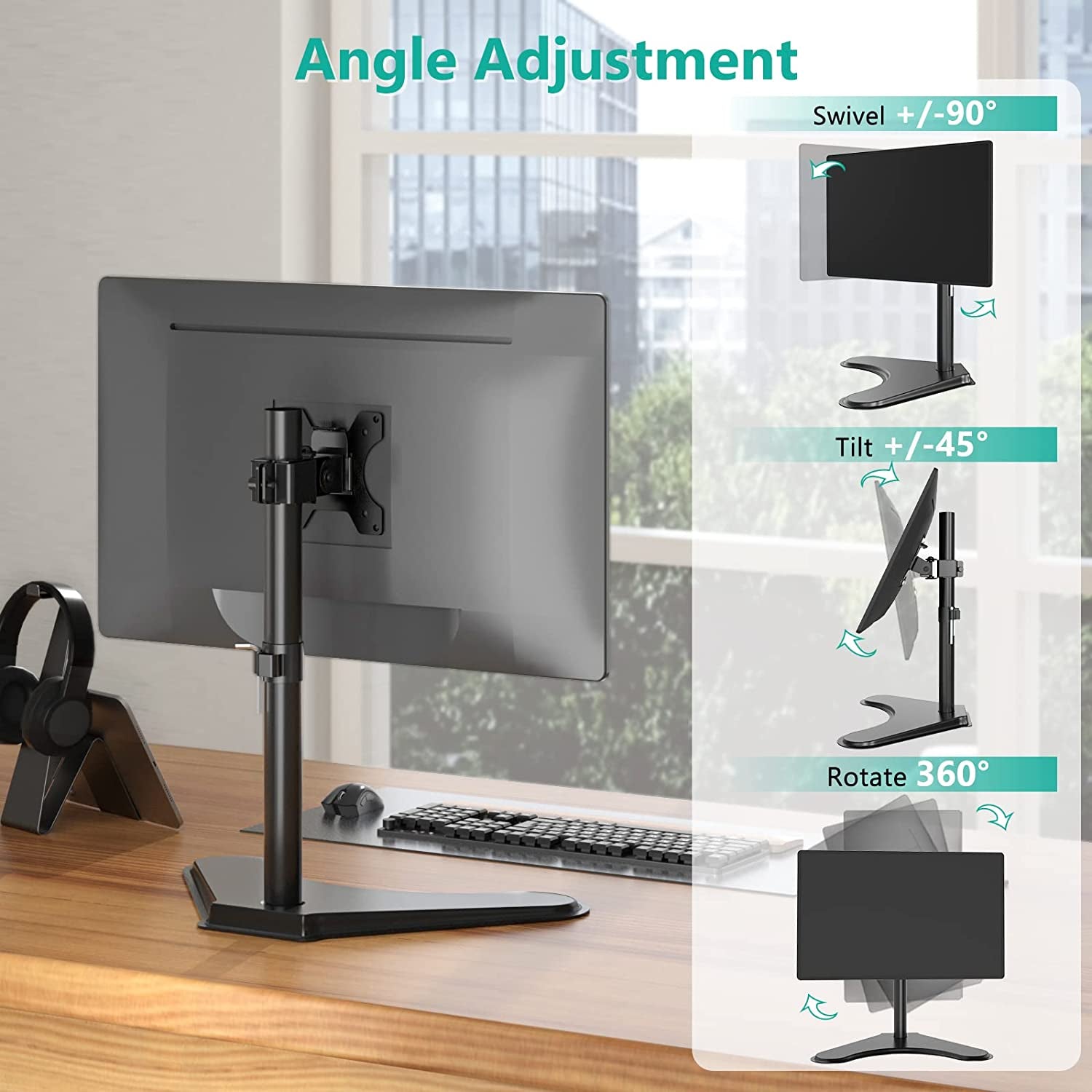 Single Monitor Stand for 13-32 Inch Computer Screens, Freestanding Single Monitors Arm Desk Mount, Universal VESA Monitor Mount 75X75/100X100Mm, Adjustable Height and Angle, (MF001), Black