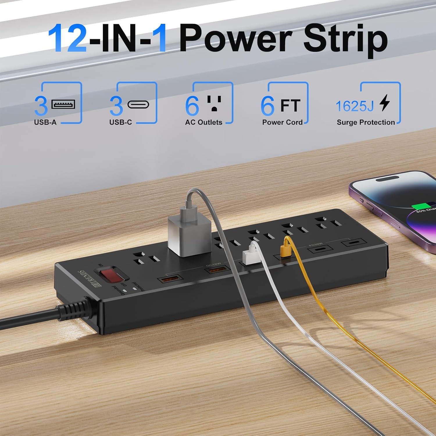 Power Strip,  Surge Protector with 6 AC Outlets & 6 USB Ports (3 USB-C & 3 USB-A), 20W PD Fast Charging USB-C, 6 Ft Flat Plug Extension Cord with Multiple Outlet, 1625W/13A, for Home Office