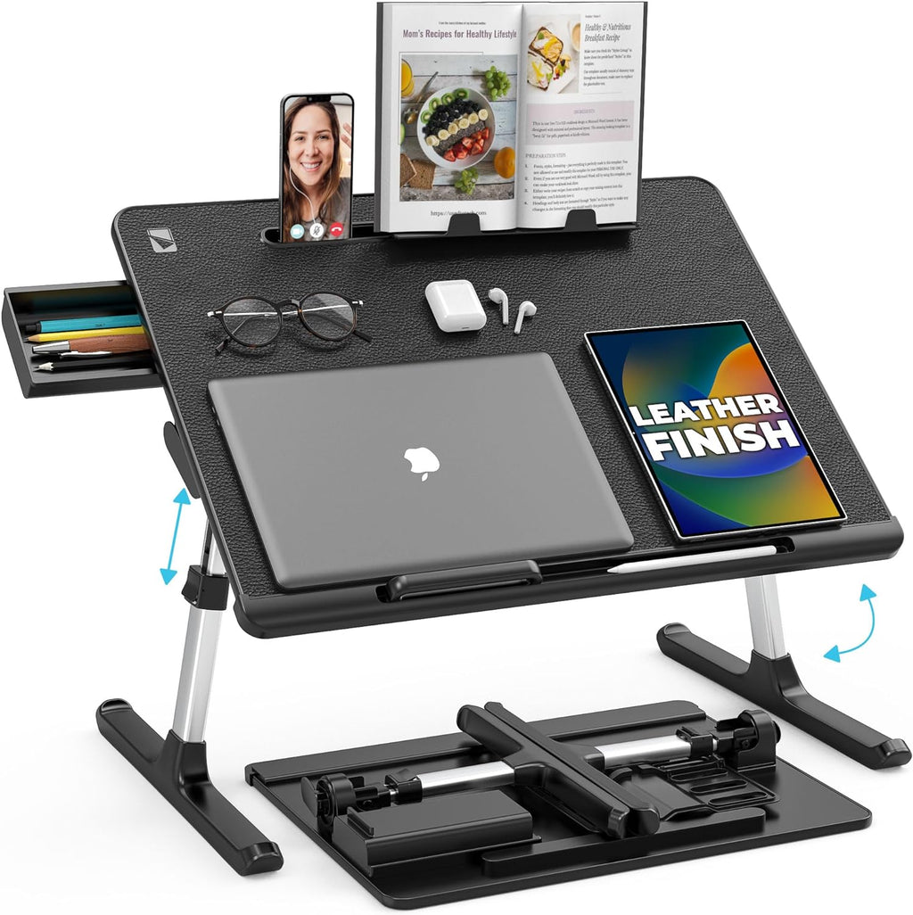 Deskpro XL 23.6" Ergonomic Adjustable Laptop Bed Desk, Laptop Bed Table | Tray for Eating, Computer, Writing, Floor, Couch | Large Lap Desk for Adults | Leather, Drawer, Book Stand (Black)