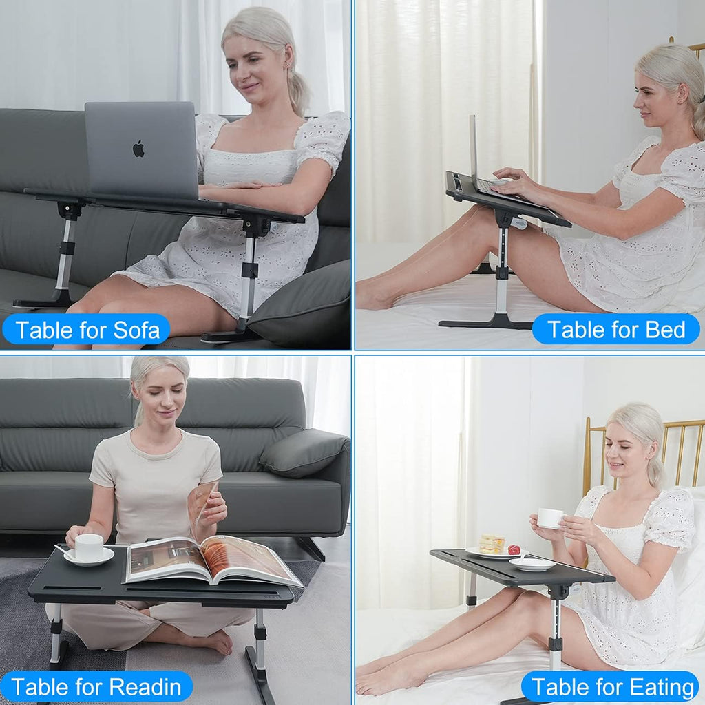 Laptop Bed Tray Desk, Adjustable PVC Leather Bed Table, Portable Laptop Stand with Foldable Legs for Bed Sofa Couch Floor (No Drawer,Black)