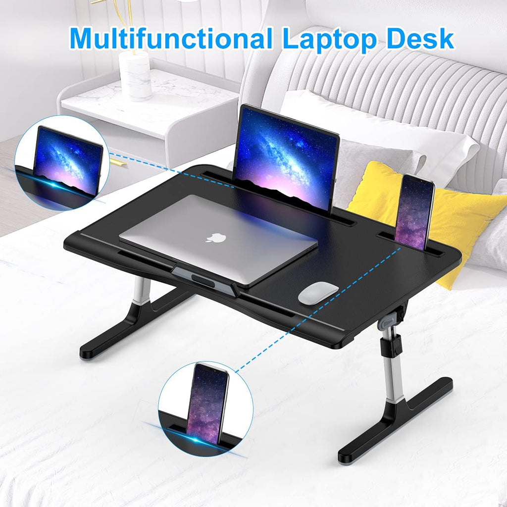 Laptop Bed Tray Desk, Adjustable PVC Leather Bed Table, Portable Laptop Stand with Foldable Legs for Bed Sofa Couch Floor (No Drawer,Black)