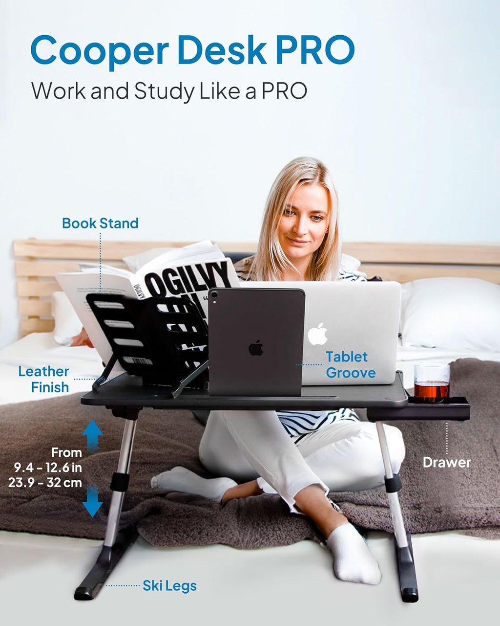 Deskpro XL 23.6" Ergonomic Adjustable Laptop Bed Desk, Laptop Bed Table | Tray for Eating, Computer, Writing, Floor, Couch | Large Lap Desk for Adults | Leather, Drawer, Book Stand (Black)