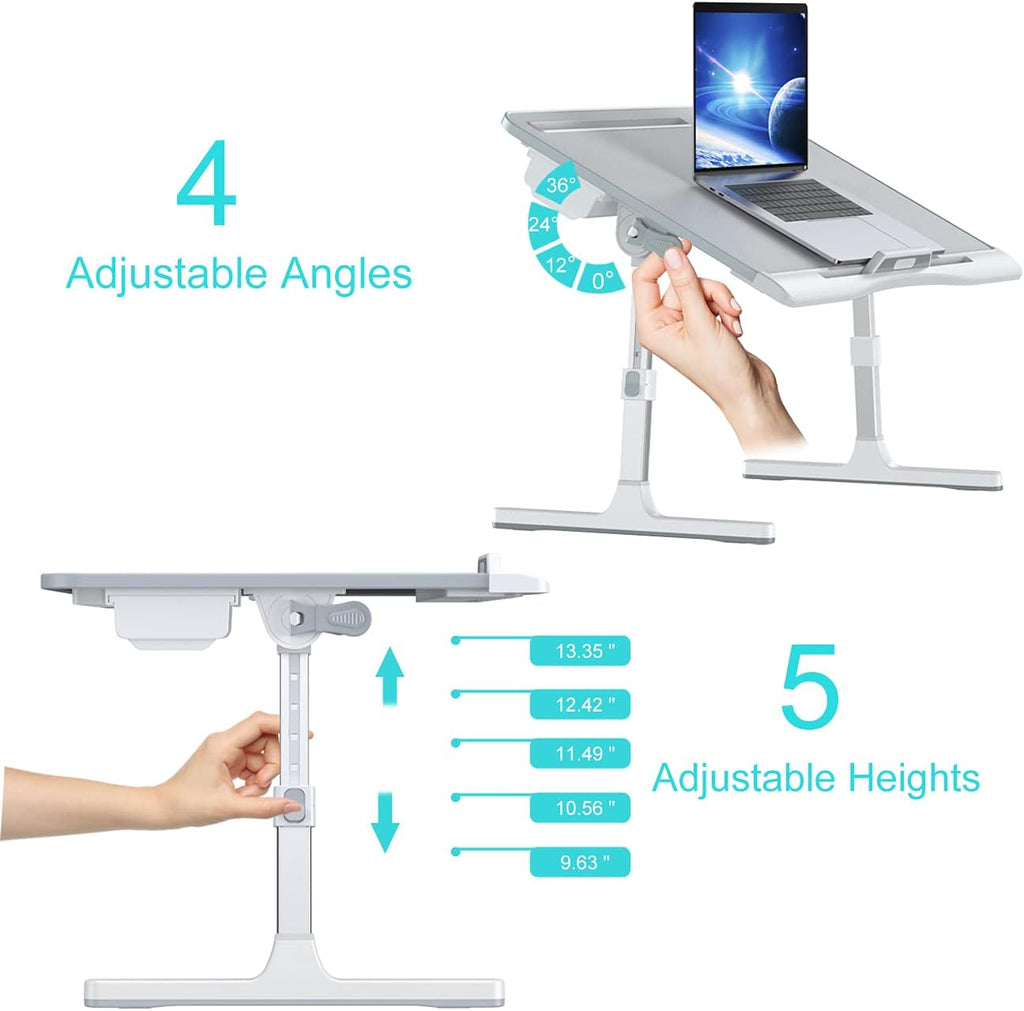 Laptop Bed Tray Desk, Foldable and Adjustable Lap Table with Heights and Angles, Upgraded-Sturdy Laptop Lap Desk for Bed/Sofa/Couch/Floor (2 Drawers, Grey)