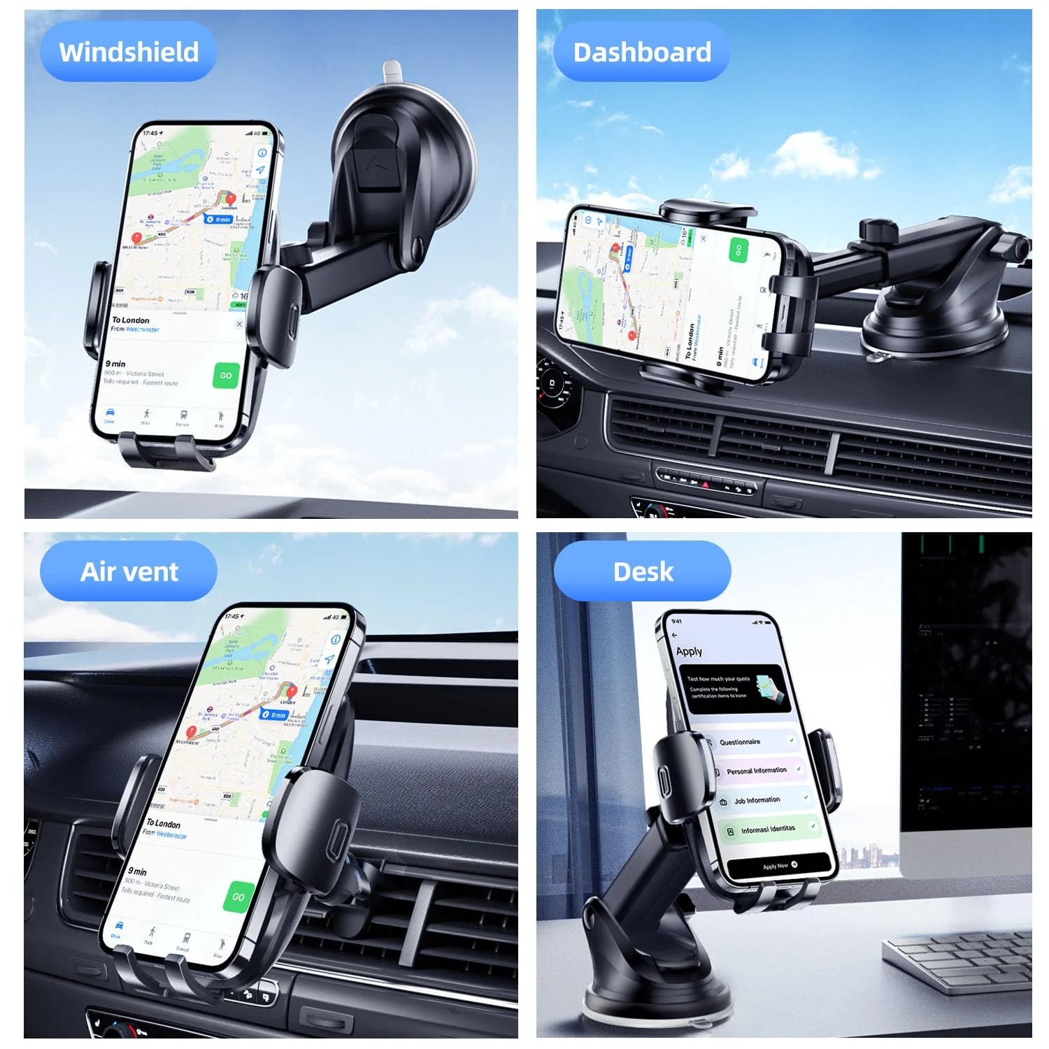 Universal Car Phone Holder Upgraded 360° Rotatable for Dashboard, Windshield & Air Vent Mount for 4.0"-7.0" Phones (Iphone, Google Pixel, Samsung Galaxy, Motorola,Etc)