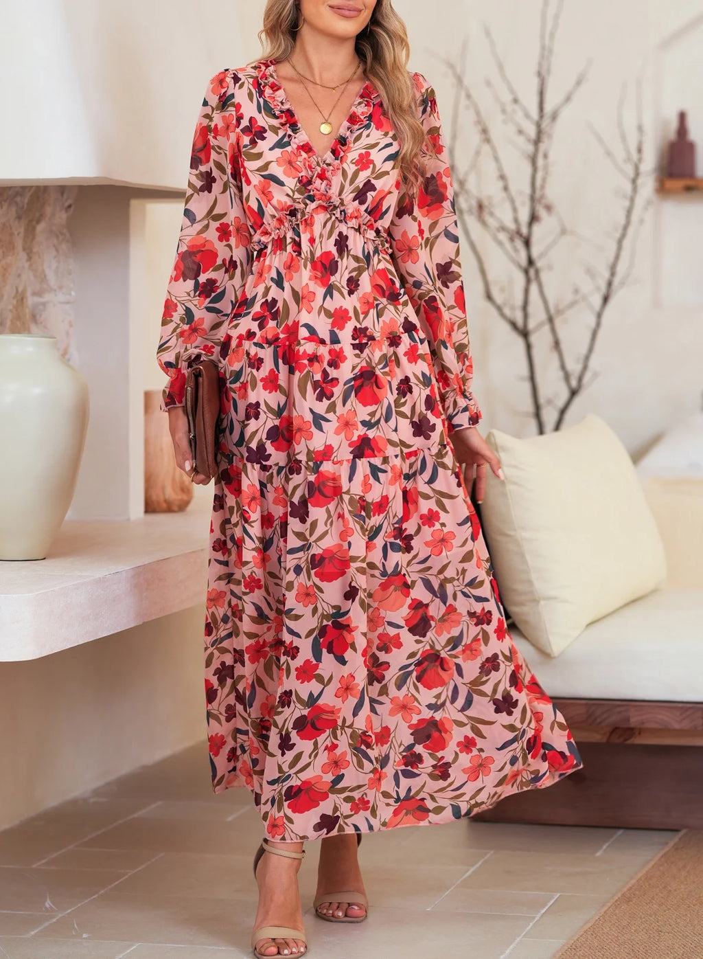 Women'S Red Floral Maxi Dresses Casual Deep V Neck Long Sleeve Evening Dress Cocktail Party Dress for Women, US 8-10(M)
