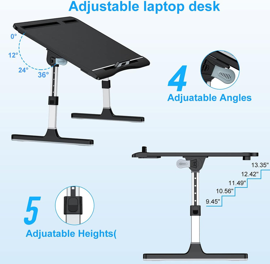 Laptop Bed Tray Desk, Adjustable PVC Leather Bed Table, Portable Laptop Stand with Foldable Legs for Bed Sofa Couch Floor (No Drawer,Black)