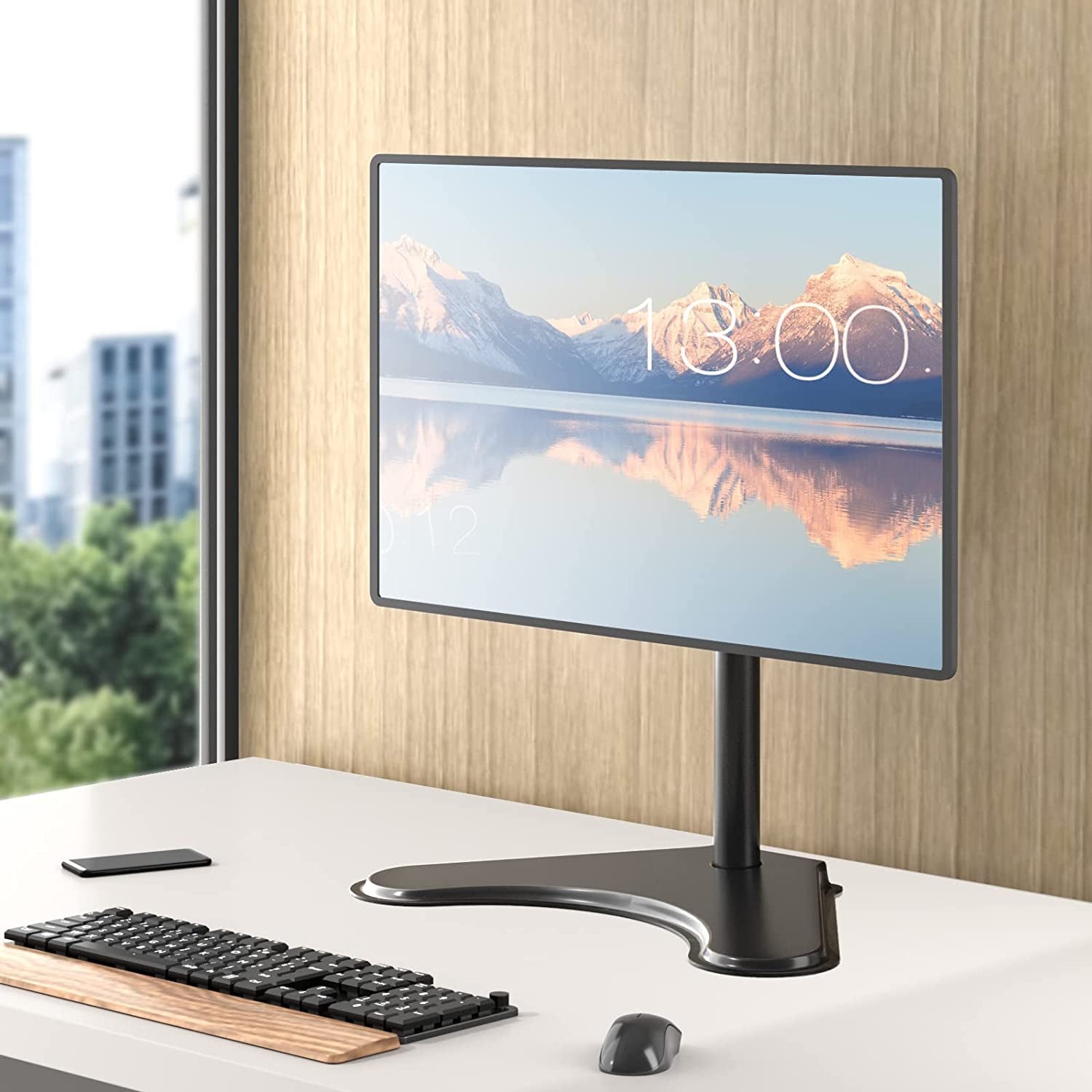 Single Monitor Stand for 13-32 Inch Computer Screens, Freestanding Single Monitors Arm Desk Mount, Universal VESA Monitor Mount 75X75/100X100Mm, Adjustable Height and Angle, (MF001), Black