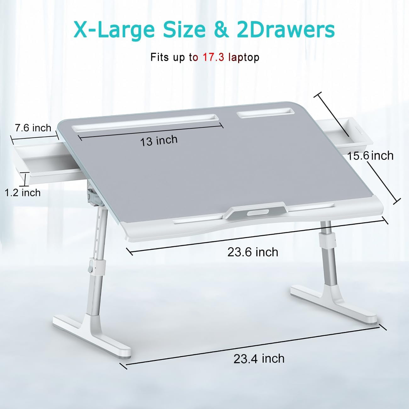 Laptop Bed Tray Desk, Foldable and Adjustable Lap Table with Heights and Angles, Upgraded-Sturdy Laptop Lap Desk for Bed/Sofa/Couch/Floor (2 Drawers, Grey)