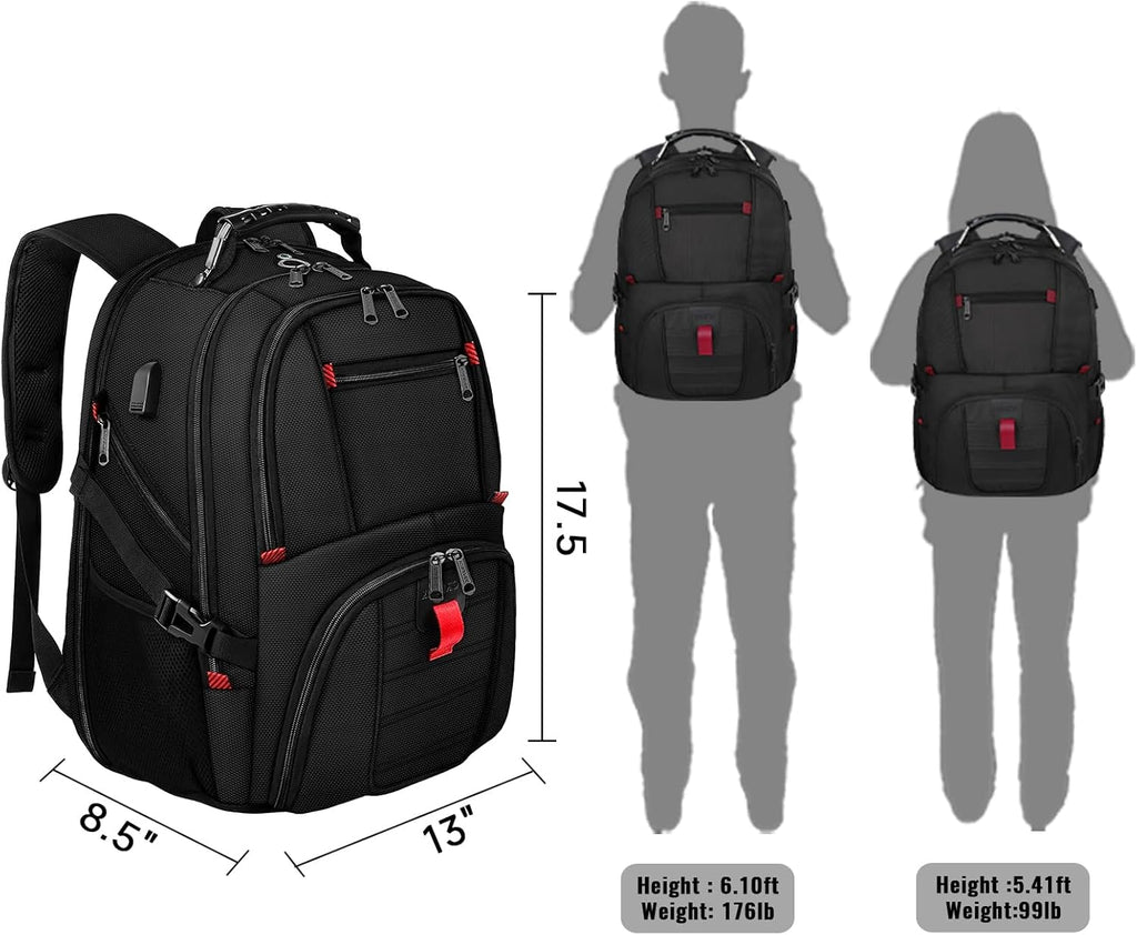 Large Backpack for Men, Extra Large Laptop Backpacks for Men Women, Water Resistant Travel Backpack Airline Approved Business Work Bag with USB Charging Port Fits 17 Inch Computer, Black