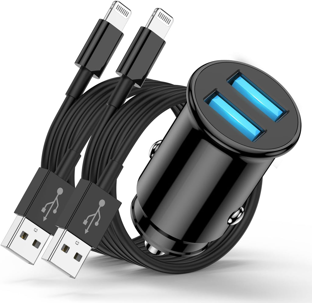 Iphone Car Charger Apple Certified, USB a Fast Car Charging Cable for Iphone 14 Pro Max/14/13 Pro/13/12 Mini/11 Pro/Xs/X/8 Plus/7/6/5S/Se, Dual Port USB Adapter Cigarette Lighter and Lightning Cord