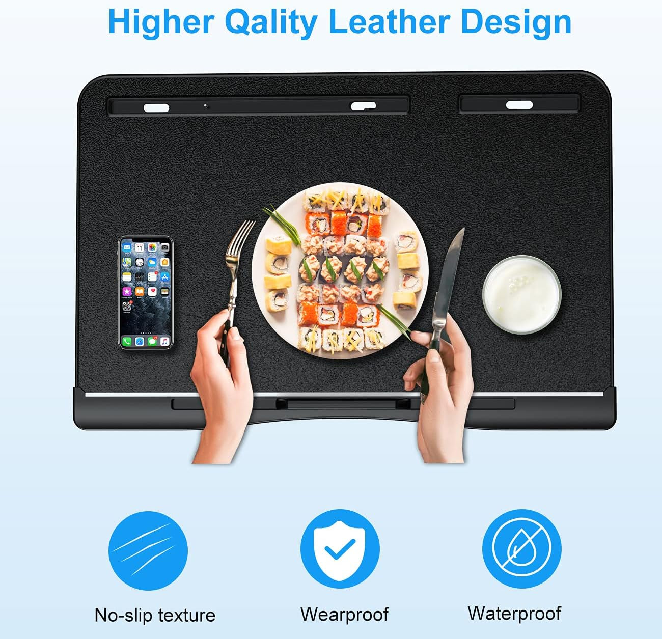 Laptop Bed Tray Desk, Adjustable PVC Leather Bed Table, Portable Laptop Stand with Foldable Legs for Bed Sofa Couch Floor (No Drawer,Black)